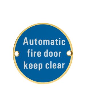 Click Here To Enlarge This Photo Of ZSS12-PVDSB - Zoo Hardware 76mm 'Automatic Fire Door Keep Clear' Disc Signage - PVD Satin Brass