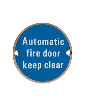 Click Here To Enlarge This Photo Of ZSS12-PVDBZ - Zoo Hardware 76mm 'Automatic Fire Door Keep Clear' Disc Signage - PVD Bronze