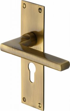 Click Here To Enlarge This Photo Of TRI1348-AT Heritage Brass Door Handle Euro Profile Plate Trident Design Antique Brass Finish