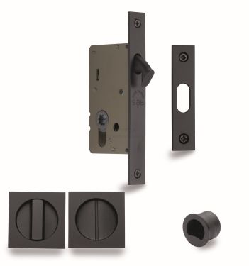 Click Here To Enlarge This Photo Of SQ2308-50-BLK Heritage Brass Sliding Door Lock c/w Square Privacy Turns Matt Black (50mm backset)