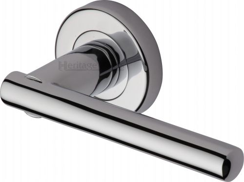 Click Here To Enlarge This Photo Of V1001-PC Heritage Brass Door Handle Lever Latch on Round Rose Challenger Design Polished Chrome Finish