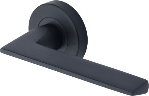 Click Here To Enlarge This Photo Of PYD3535-BKMT Heritage Brass Door Handle Lever Latch on Round Rose Pyramid Design Matt Black Finish