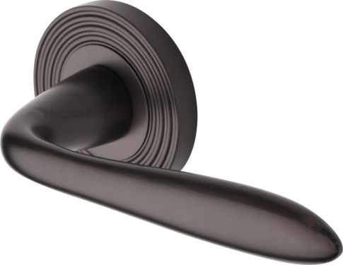 Click Here To Enlarge This Photo Of RR1752-MB Heritage Brass Door Handle Lever Latch on Round Rose Sutton Reeded Design Matt Bronze finish