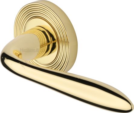 Click Here To Enlarge This Photo Of RR1752-PB Heritage Brass Door Handle Lever Latch on Round Rose Sutton Reeded Design Polished Brass finish