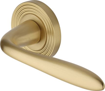 Click Here To Enlarge This Photo Of RR1752-SB Heritage Brass Door Handle Lever Latch on Round Rose Sutton Reeded Design Satin Brass finish