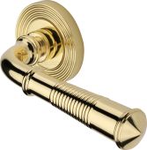 RR1935-PB Heritage Brass Door Handle Lever Latch on Round Rose Bridgetown Reeded Design Polished Brass finish