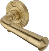 RR1935-SB Heritage Brass Door Handle Lever Latch on Round Rose Bridgetown Reeded Design Satin Brass finish