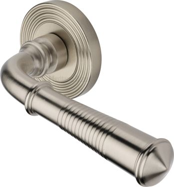 Click Here To Enlarge This Photo Of RR1935-SN Heritage Brass Door Handle Lever Latch on Round Rose Bridgetown Reeded Design Satin Nickel finish