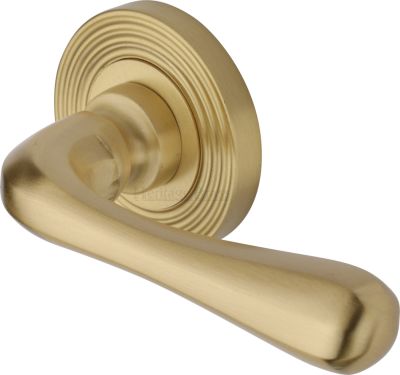 Click Here To Enlarge This Photo Of RR3022-SB Heritage Brass Door Handle Lever Latch on Round Rose Charlbury Reeded Design Satin Brass finish