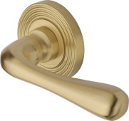 RR3022-SB Heritage Brass Door Handle Lever Latch on Round Rose Charlbury Reeded Design Satin Brass finish