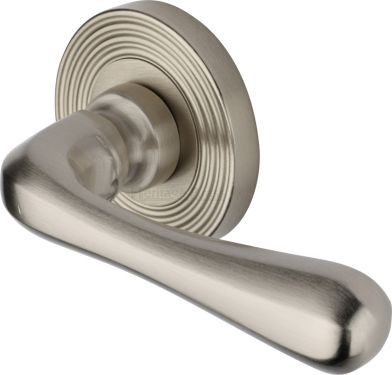Click Here To Enlarge This Photo Of RR3022-SN Heritage Brass Door Handle Lever Latch on Round Rose Charlbury Reeded Design Satin Nickel finish