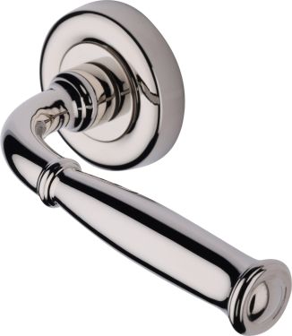 Click Here To Enlarge This Photo Of V1938-PNF Heritage Brass Door Handle Lever Latch on Round Rose Lincoln Design Polished Nickel finish