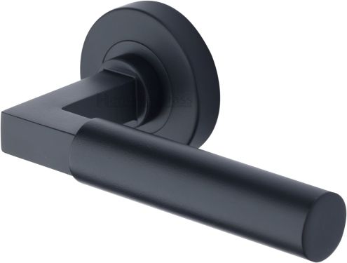 Click Here To Enlarge This Photo Of V2259-BKMT Heritage Brass Door Handle Lever on Rose Bauhaus Design Matt Black Finish