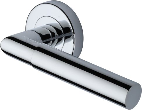 Click Here To Enlarge This Photo Of V2270-PC Heritage Brass Door Handle Lever Latch on Round Rose Bauhaus Mitre Design Polished Chrome finish