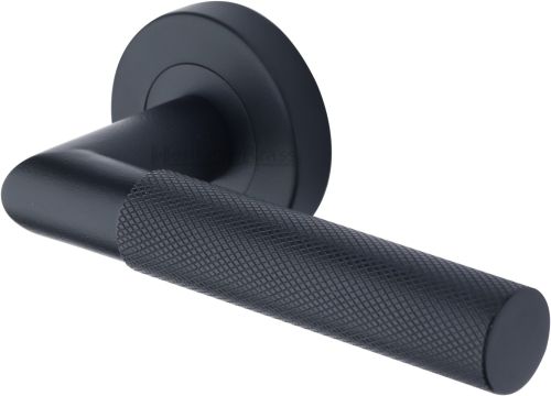 Click Here To Enlarge This Photo Of V2272-BKMT Heritage Brass Door Handle Lever Latch on Round Rose Bauhaus Mitre Design Matt Black finish