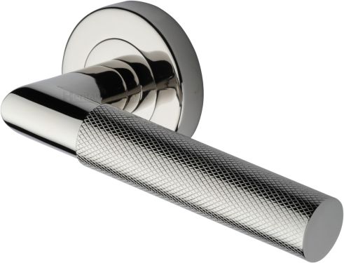Click Here To Enlarge This Photo Of V2272-PNF Heritage Brass Door Handle Lever Latch on Round Rose Bauhaus Mitre Knurled Design Polished Nickel finish