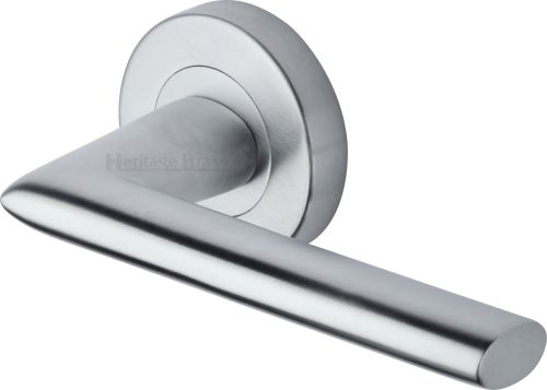 Click Here To Enlarge This Photo Of V2355-SC Heritage Brass Door Handle Lever Latch on Round Rose Admiralty Design Satin Chrome finish