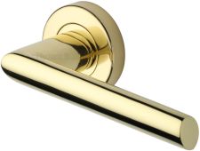 V3262-PB Heritage Brass Door Handle Lever Latch on Round Rose Mercury Design Polished Brass finish