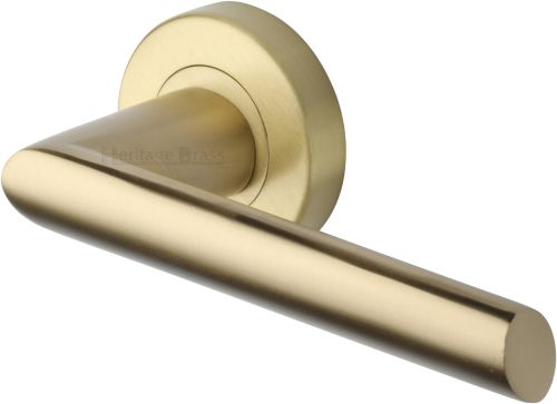 Click Here To Enlarge This Photo Of V3262-SB Heritage Brass Door Handle Lever Latch on Round Rose Mercury Design Satin Brass finish