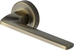 V3790-AT Heritage Brass Door Handle Lever Latch on Round Rose Metro Angled Design Antique Brass finish