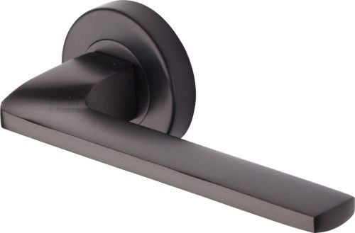 Click Here To Enlarge This Photo Of V3790-MB Heritage Brass Door Handle Lever Latch on Round Rose Metro Angled Design Matt Bronze finish
