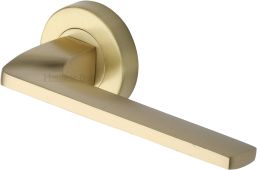 V3790-SB Heritage Brass Door Handle Lever Latch on Round Rose Metro Angled Design Satin Brass finish