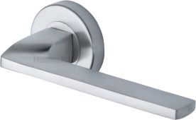 V3790-SC Heritage Brass Door Handle Lever Latch on Round Rose Metro Angled Design Satin Chrome finish