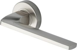 V3790-SN Heritage Brass Door Handle Lever Latch on Round Rose Metro Angled Design Satin Nickel finish