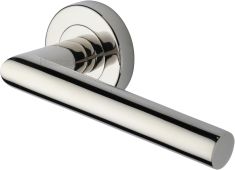 V3840-PNF Heritage Brass Door Handle Lever Latch on Round Rose Athena Design Polished Nickel finish