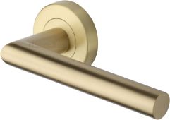 V3840-SB Heritage Brass Door Handle Lever Latch on Round Rose Athena Design Satin Brass finish