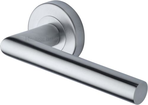 Click Here To Enlarge This Photo Of V3840-SC Heritage Brass Door Handle Lever Latch on Round Rose Athena Design Satin Chrome finish