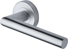 V3840-SC Heritage Brass Door Handle Lever Latch on Round Rose Athena Design Satin Chrome finish