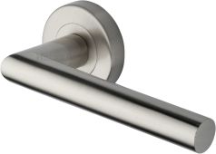 V3840-SN Heritage Brass Door Handle Lever Latch on Round Rose Athena Design Satin Nickel finish