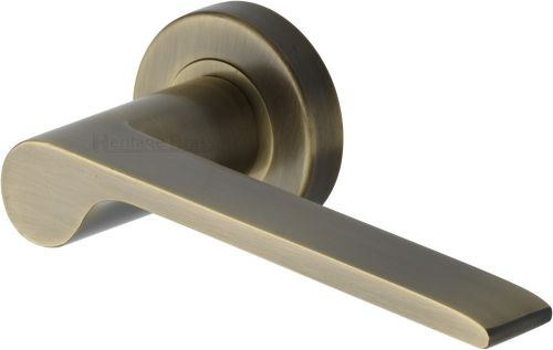 Click Here To Enlarge This Photo Of V4190-AT Heritage Brass Door Handle Lever Latch on Round Rose Julia Design Antique Brass finish