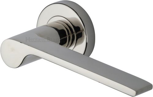 Click Here To Enlarge This Photo Of V4190-PNF Heritage Brass Door Handle Lever Latch on Round Rose Julia Design Polished Nickel finish