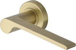 V4190-SB Heritage Brass Door Handle Lever Latch on Round Rose Julia Design Satin Brass finish