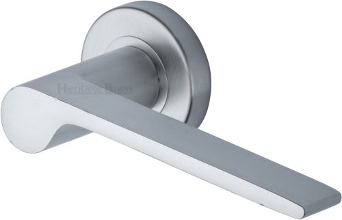 Click Here To Enlarge This Photo Of V4190-SC Heritage Brass Door Handle Lever Latch on Round Rose Julia Design Satin Chrome finish