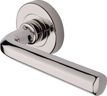 Click Here To Enlarge This Photo Of V4545-PNF Heritage Brass Door Handle Lever Latch on Round Rose Octave Design Polished Nickel finish