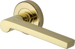 V6225-PB Heritage Brass Door Handle Lever Latch on Round Rose Metro Mid Century Design Polished Brass finish