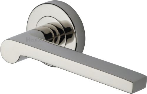Click Here To Enlarge This Photo Of V6225-PNF Heritage Brass Door Handle Lever Latch on Round Rose Metro Mid Century Design Polished Nickel finish