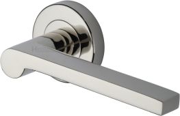 V6225-PNF Heritage Brass Door Handle Lever Latch on Round Rose Metro Mid Century Design Polished Nickel finish
