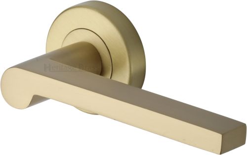 Click Here To Enlarge This Photo Of V6225-SB Heritage Brass Door Handle Lever Latch on Round Rose Metro Mid Century Design Satin Brass finish