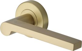 V6225-SB Heritage Brass Door Handle Lever Latch on Round Rose Metro Mid Century Design Satin Brass finish