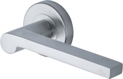 Click Here To Enlarge This Photo Of V6225-SC Heritage Brass Door Handle Lever Latch on Round Rose Metro Mid Century Design Satin Chrome finish