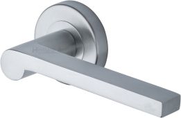 V6225-SC Heritage Brass Door Handle Lever Latch on Round Rose Metro Mid Century Design Satin Chrome finish