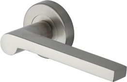 V6225-SN Heritage Brass Door Handle Lever Latch on Round Rose Metro Mid Century Design Satin Nickel finish
