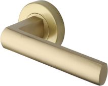 V6230-SB Heritage Brass Door Handle Lever Latch on Round Rose Poseidon Design Satin Brass finish