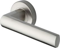V6230-SN Heritage Brass Door Handle Lever Latch on Round Rose Poseidon Design Satin Nickel finish