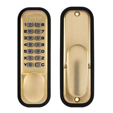 Click Here To Enlarge This Photo Of Eclipse ED20 Easy Code Change Mechanical Push Button Digital Lock with Holdback - Satin Brass (70257)