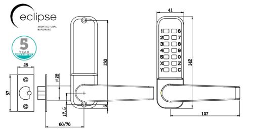 Click Here To Enlarge This Photo Of Eclipse ED40 Lever Handle Mechanical Push Button Digital Lock - Satin Chrome (70260)